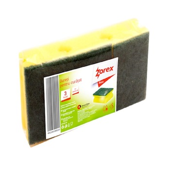 Set 3 Bureti cu Canelura Zorex Basic, 85x65x40 mm, Spuma Poliuretanica si Fibra Abraziva, Culoare Galbena, Burete pentru Vase, Curatare, Menaj Set 3 Bureti cu Canelura Zorex Basic, 85x65x40 mm, Spuma Poliuretanica si Fibra Abraziva, Culoare Galbena, Burete pentru Vase, Curatare, Menaj