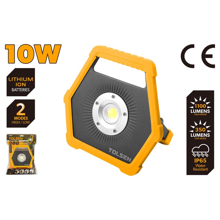 Lampa LED de lucru TOLSEN 10W, 2 moduri luminozitate, 350/1100 lm, Li-ion 4000mAh, USB, Powerbank, Baza pivotanta 180°, Carcasa aluminiu, Industrial, 2x Li-Ion 3.7V, Incarcare USB 5V/1A, Timp lucru 3h/6h, Afisaj baterie, CE, COB LED