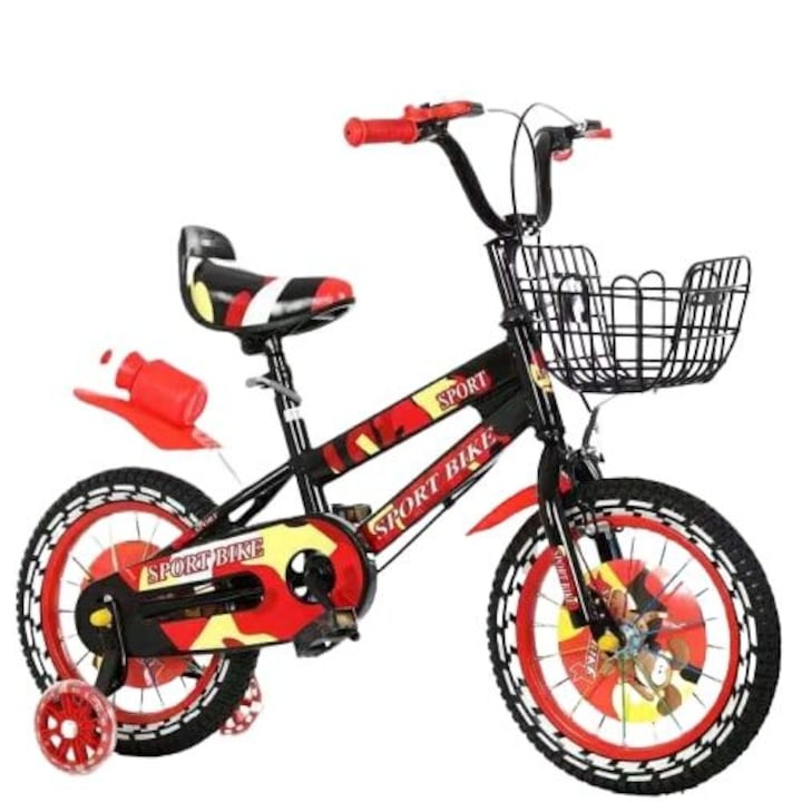 Детски велосипед, 16 цола, 4-7 години, Силиконови помощни колела със светлини, Калници, Кош за играчки, Поставка и бутилка, Звънец, Червен