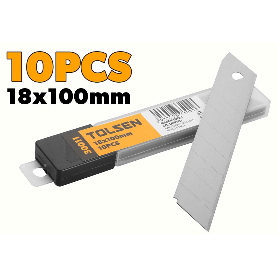 Set 10 lame cutter TOLSEN 18x100x0.5mm, otel durabil, pentru taiere precisa carton, folie si materiale usoare, ambalaj cutie plastic, compatibile cu cutterele 18mm standard, din otel rezistent la uzura si coroziune, incluse cutie plastic reutilizabila