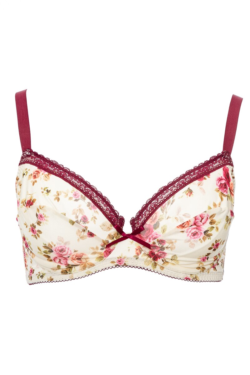 Sutien de colectie din microfibra si dantela, cu sarma, Intimamoda Cristina, Model floral, Alb/Bordo