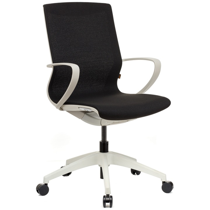 Офис стол QMOBILI VISION W Черен, мрежа, бяла рамка, механизъм за собствено тегло, полипропиленова основа, фиксирани рамена, универсални колела