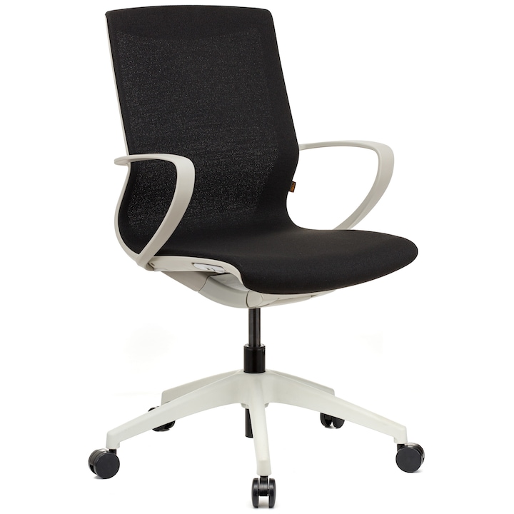 QMOBILI VISION W Fekete irodai szék, mesh, fehér váz, súlyhoz állítható hintamechaniká, rögzített karfa, polipropilén csillagláb