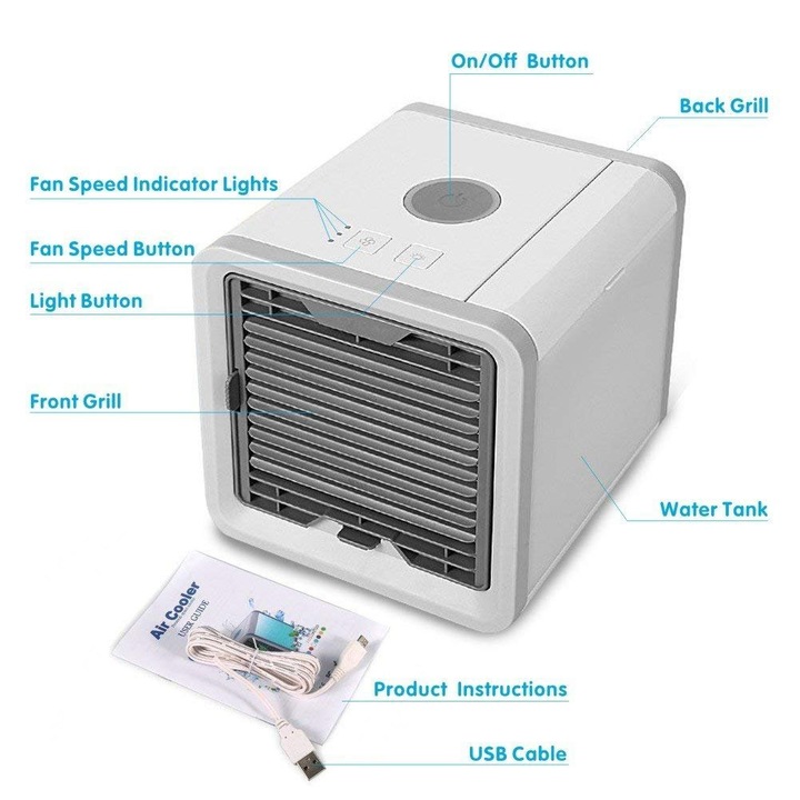 Преносим въздушен охладител Arctic Air Cooler DK-7048, 7 цветна LED светлина, USB захранване, Бял