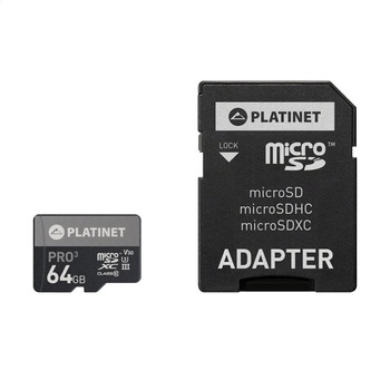 Card de memorie cu adaptor SD (clasa 10), Platinet MicroSDXC Secure Digital With Adapter SD 64GB UIII A1 Card de memorie cu adaptor SD (clasa 10), Platinet MicroSDXC Secure Digital With Adapter SD 64GB UIII A1