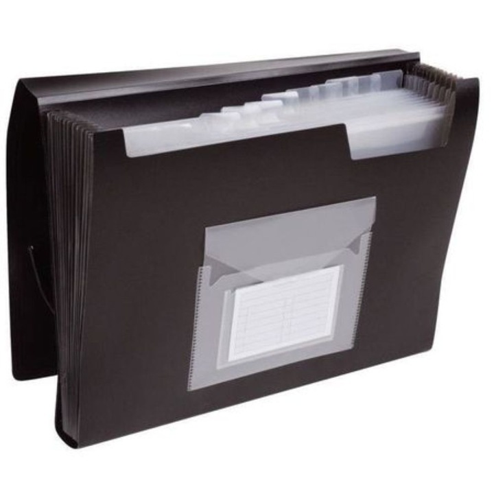 Mapa din Plastic Q-CONNECT cu 12 Compartimente, 330x240x30 mm, Elastic pe Colturi si Index, Culoare Neagra