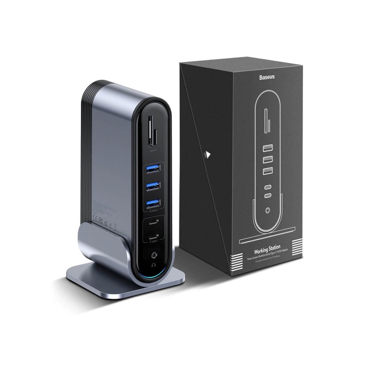 Baseus Working Station 17-in-1 USB-C Hub - мултифункционален хъб за свързване на допълнителна периферия за Macbook и USB-C устройства (сив)