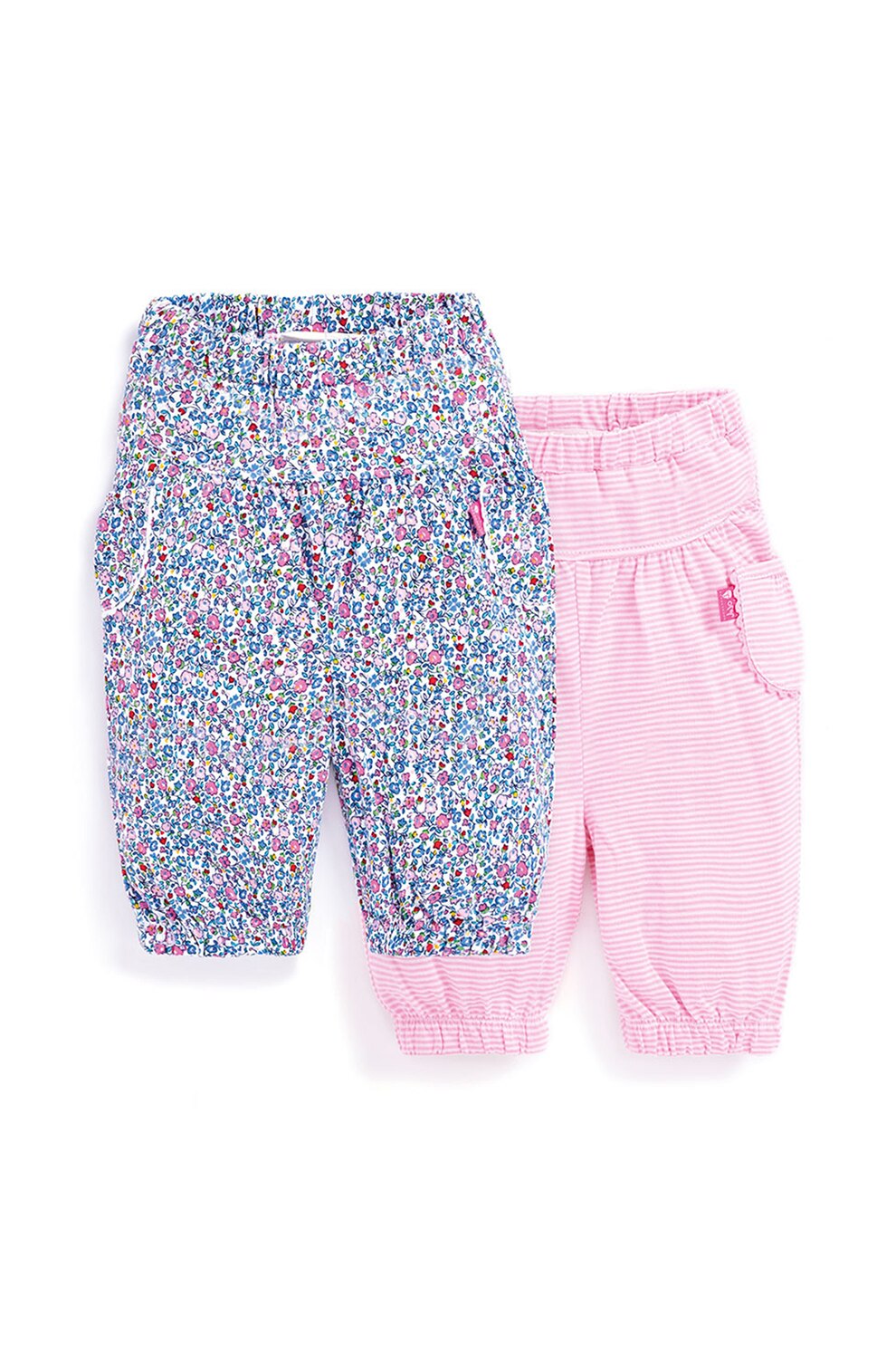 JoJo Maman Bebe, Set 2 perechi de pantaloni de bumbac, fete, cu dungi si floricele, Multicolor, Multicolora, 68 CM