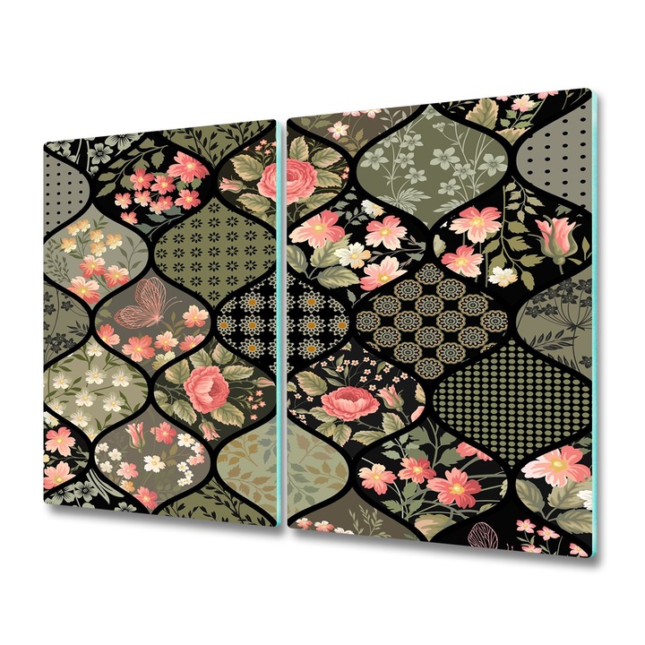 Комплект стъклени плотове tulup, 2x30x52, Зелено - розов Флорален модел