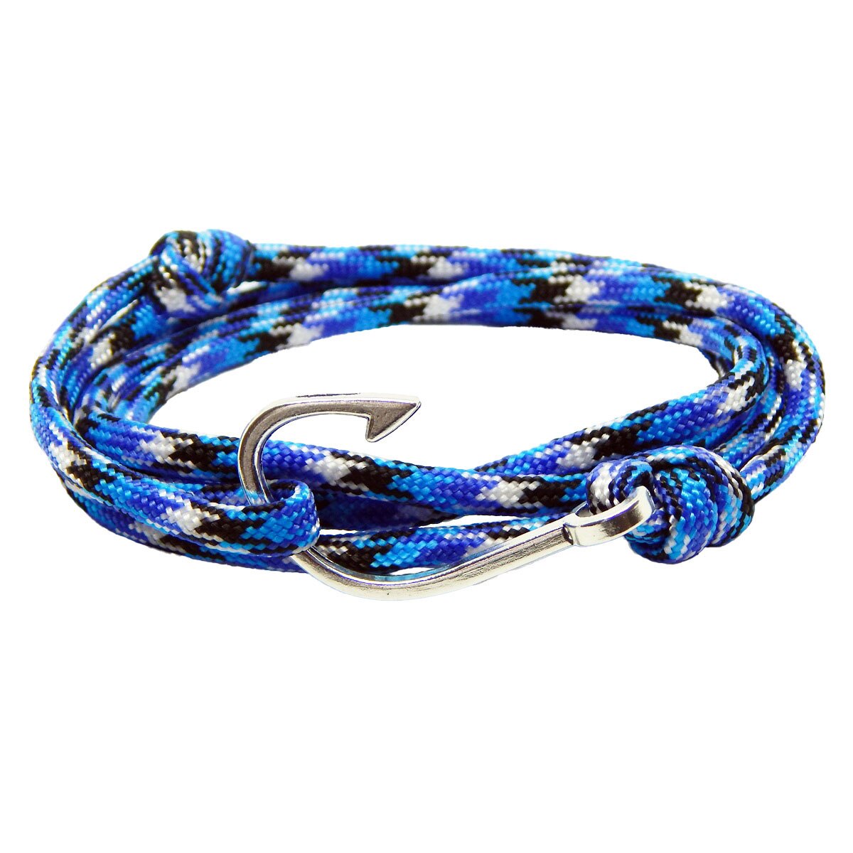 Bratara reglabila din snur paracord multicolor, preponderent albastru si inchizatoare Hook