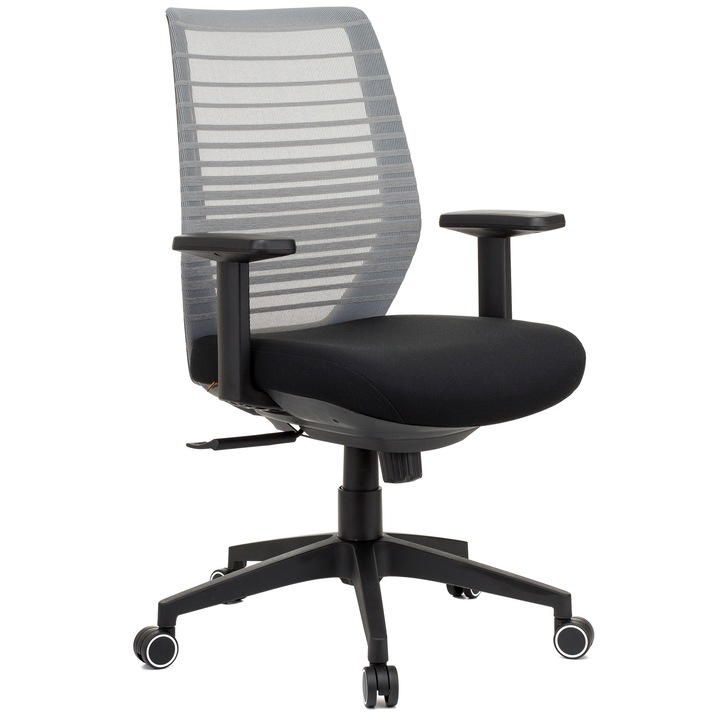 QMOBILI X15 Ергономичен стол, синхронен механизъм, лумбална опора, PP основа, PP фиксиран BR, черна седалка от плат, мрежеста облегалка, сив