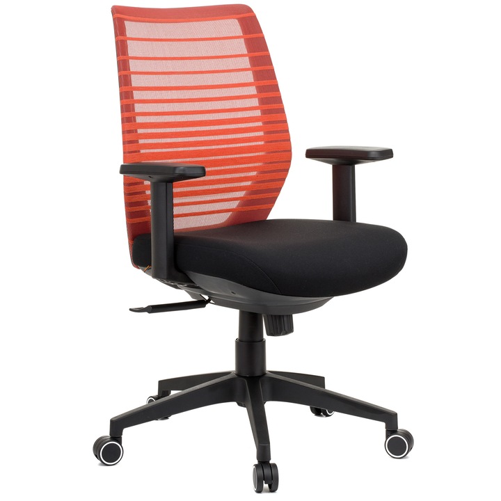 QMOBILI X15 Narancssárga ergonomikus szék, mesh háttámla, fekete szövet ülőlap, szinkronmechanika, deréktámasz, PP rögzített karfa, polipropilén csillagláb