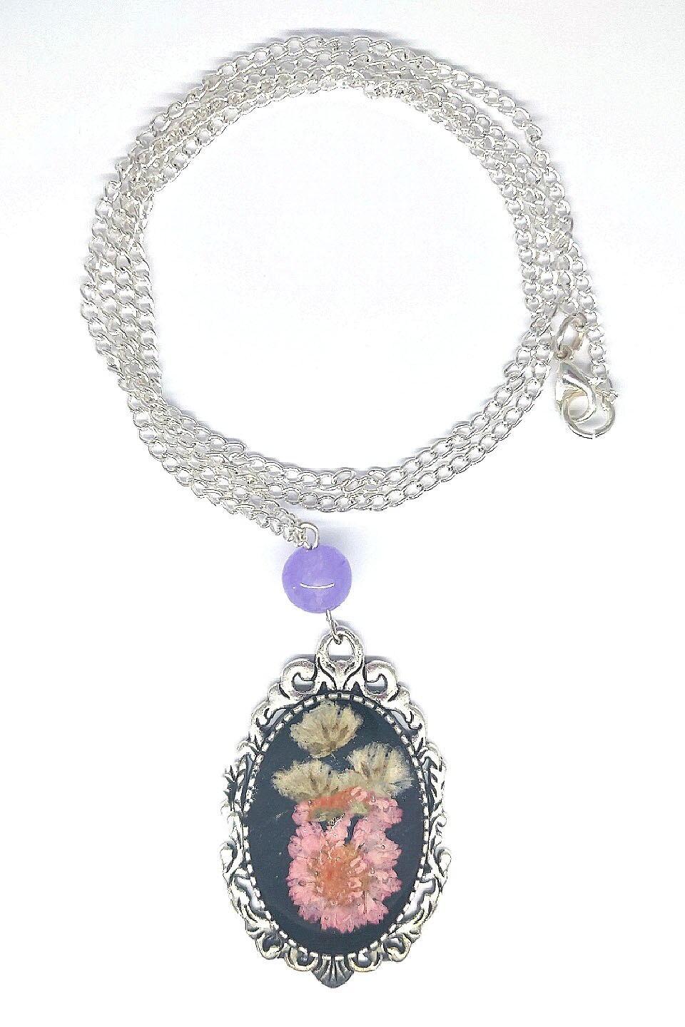 Colier cu pandativ din flori naturale, Delirium, Aliaj metalic, 64 cm, unicat