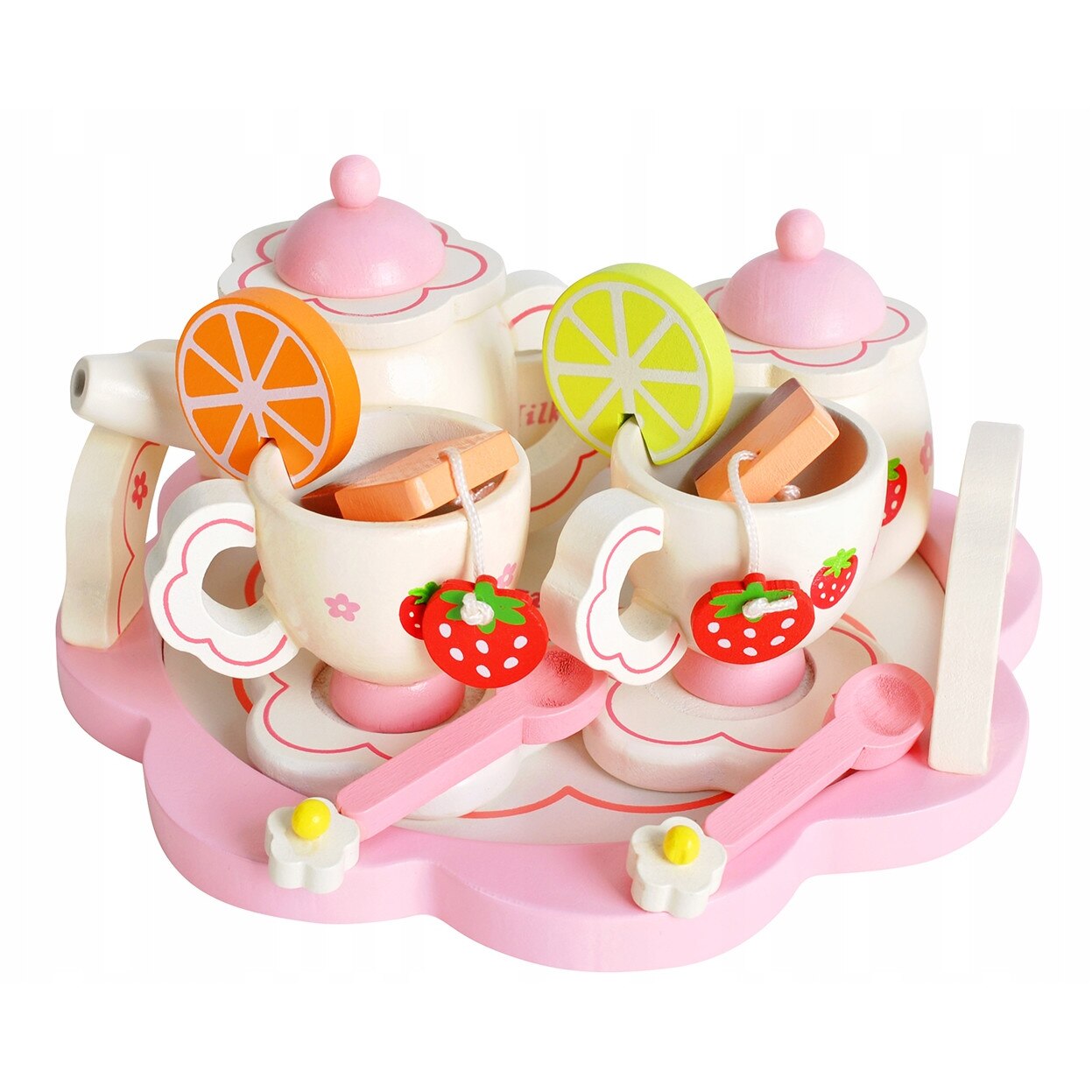 Set de Rol, Set Pentru Servit Ceaiul, STRAWBERRY TEA, 16 piese, Lemn Natural, Multicolor