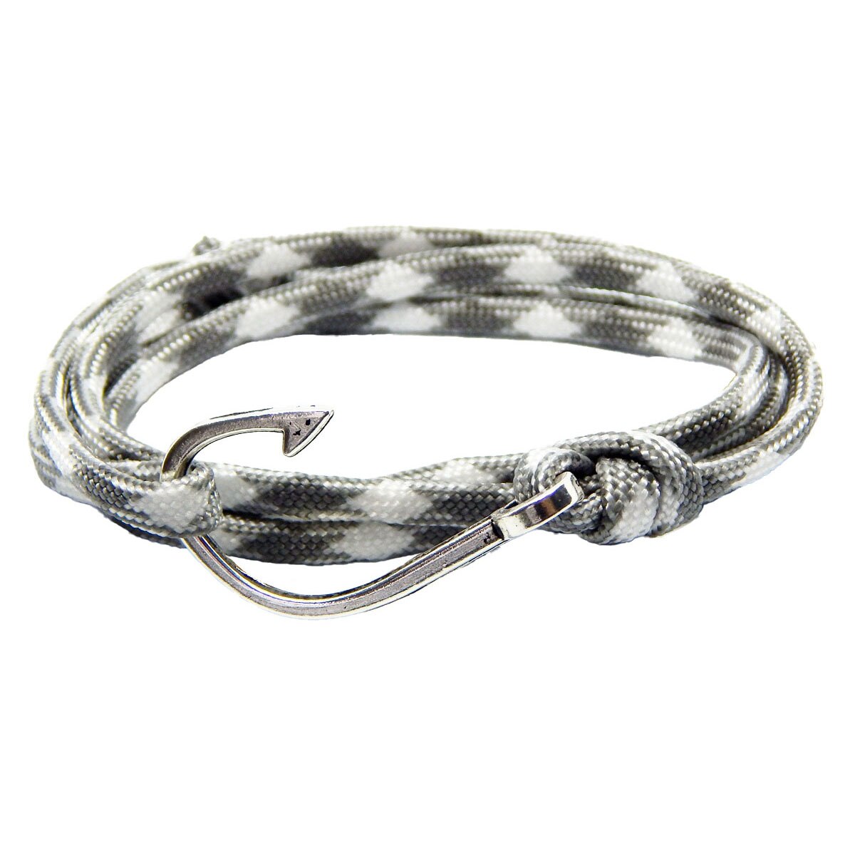 Bratara reglabila din snur paracord alb cu gri si inchizatoare Hook