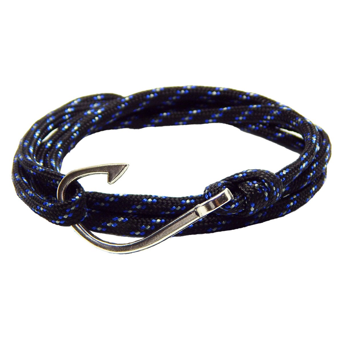 Bratara reglabila din snur paracord multicolor, preponderent negru si inchizatoare Hook
