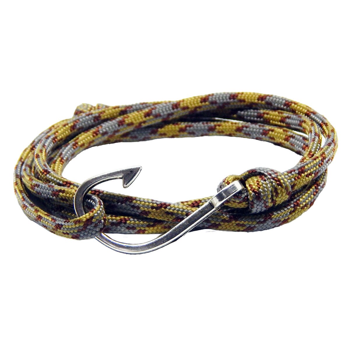 Bratara reglabila din snur paracord multicolor, preponderent crem si gri si inchizatoare Hook