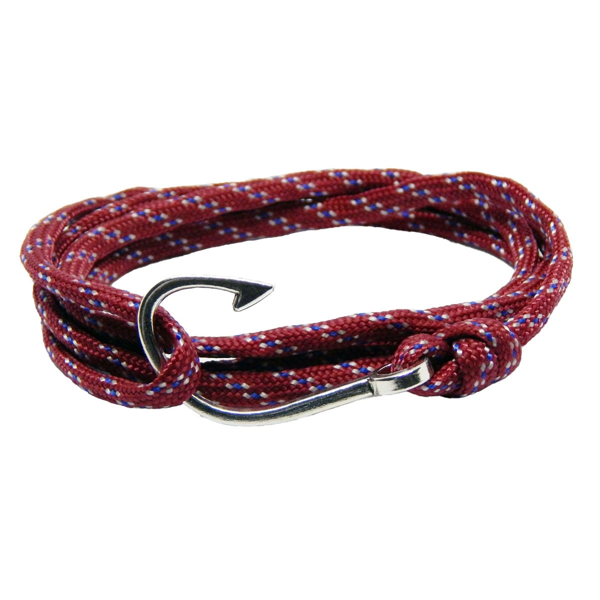 Bratara reglabila din snur paracord multicolor, preponderent visiniu si inchizatoare Hook