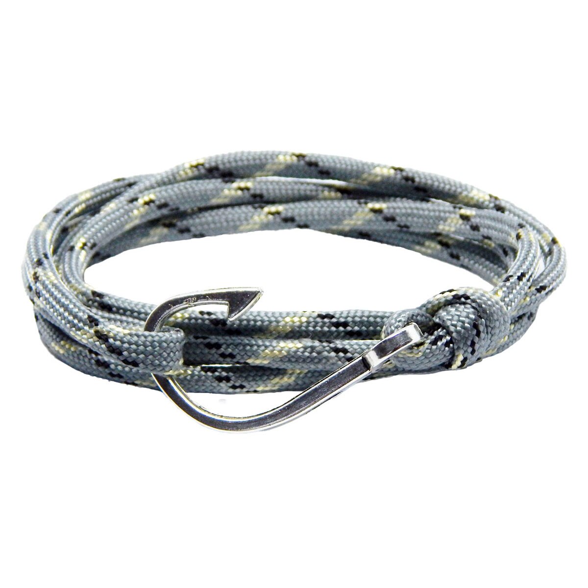 Bratara reglabila din snur paracord multicolor, preponderent gri si inchizatoare Hook