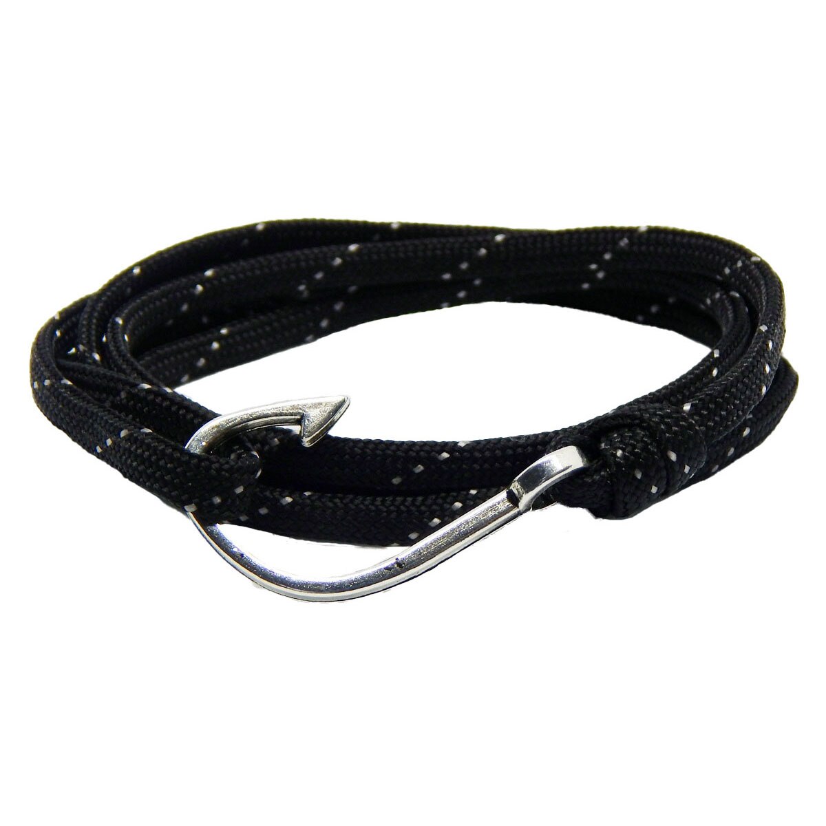 Bratara reglabila din snur paracord negru cu insertii albe si inchizatoare Hook