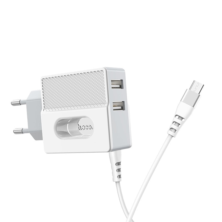 Töltő, Hoco Fali töltő C75 Imperious Dual USB Port, 2.4A + Type C kábel, fehér