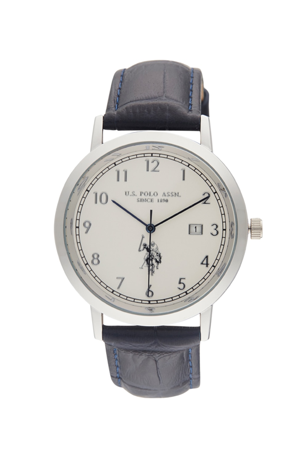 U.S. Polo Assn., Ceas cu o curea de piele, Bleumarin inchis/Argintiu/Alb
