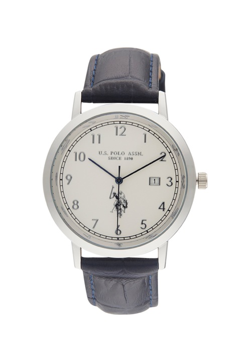 U.S. Polo Assn., Ceas cu o curea de piele, Bleumarin inchis/Argintiu/Alb