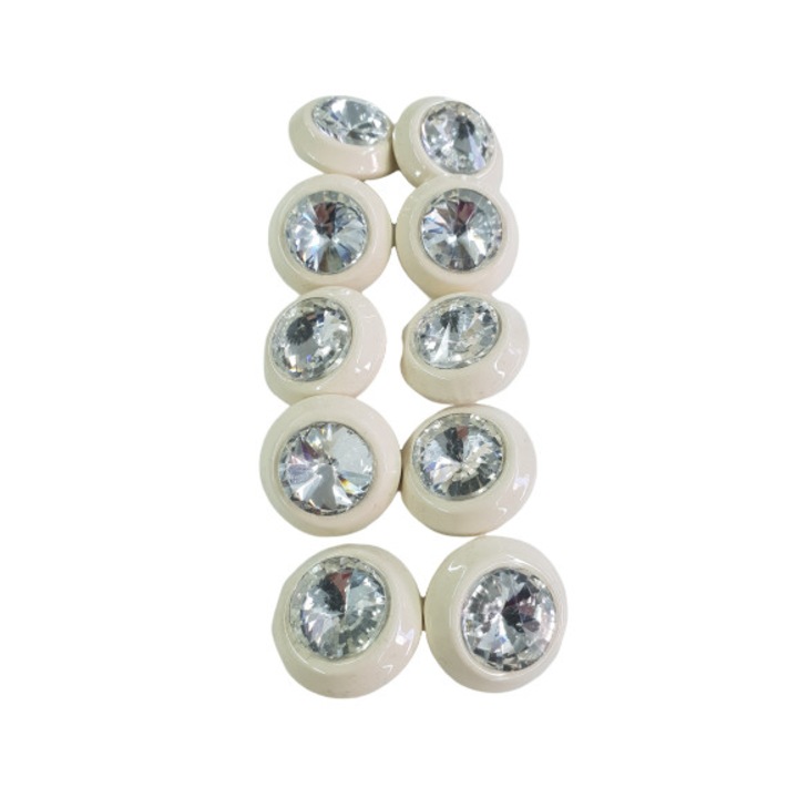 Set de 10 nasturi metalici bijuterie baza email bej+cristal, Mabo, 2.5 cm