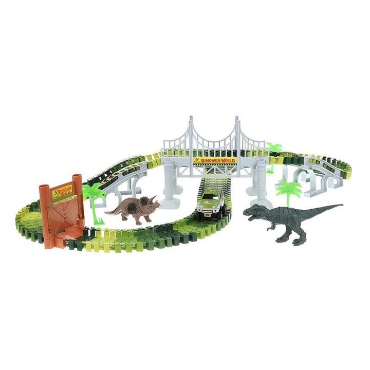 Dino park versenypálya játékszett, terepjáróval, dinoszauruszokkal és kiegészítőkkel, 153 darab
