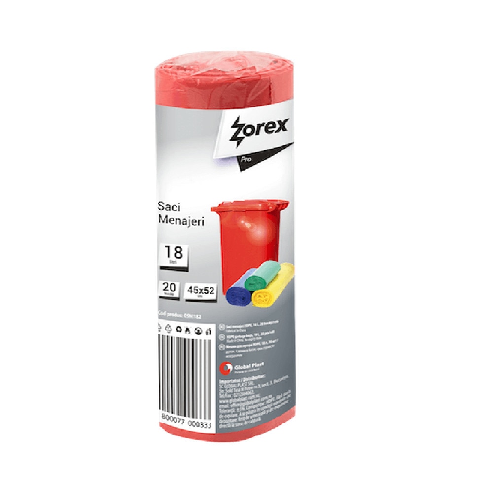 Saci Menajeri Zorex Pro, 45x52 cm, Capacitate 18L, 20 Buc/Rola, Culoare Rosie