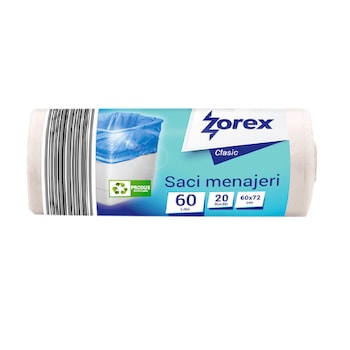 Saci Menajeri Zorex Clasic, 60x72 cm, Capacitate 60L, 20 Buc/Rola, Culoare Alba Saci Menajeri Zorex Clasic, 60x72 cm, Capacitate 60L, 20 Buc/Rola, Culoare Alba