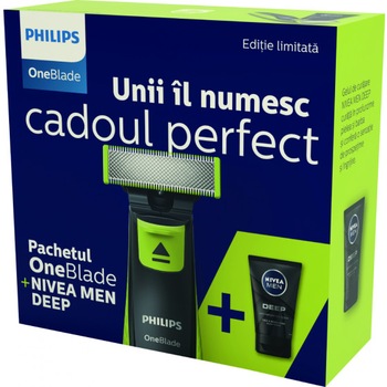 Pachet promo Philips OneBlade QP2520/20+Nivea Men Deep, Aparat hibrid de barbierit si tuns barba, 3 piepteni, Acumulatori, Negru/Verde Pachet promo Philips OneBlade QP2520/20+Nivea Men Deep, Aparat hibrid de barbierit si tuns barba, 3 piepteni, Acumulatori, Negru/Verde