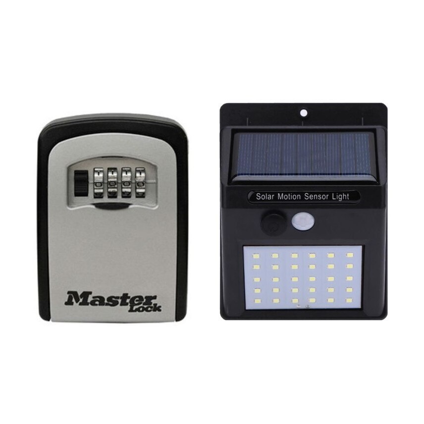 Kit format din Cutie cu cifru pentru chei Masterlock 5401EURD, cifru mecanic, 115 x 85 mm si Proiector solar cu senzor de miscare