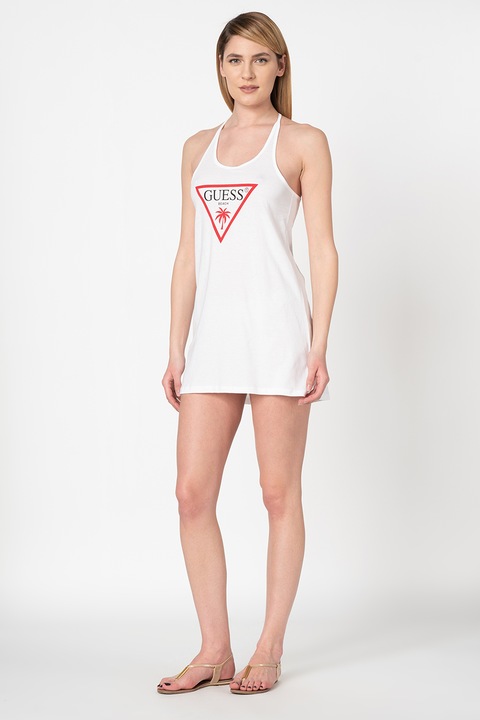 Guess, Rochie de plaja asimetrica cu imprimeu logo, Alb