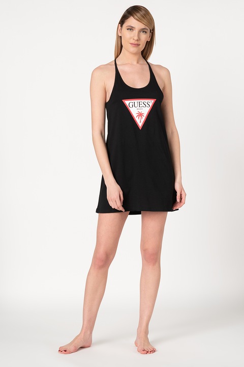 Guess, Rochie de plaja asimetrica cu imprimeu logo, Negru