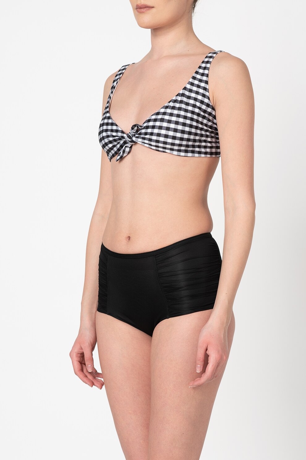 Guess, Sutien de baie cu imprimeu in carouri si detaliu innodat, Negru/Alb, M