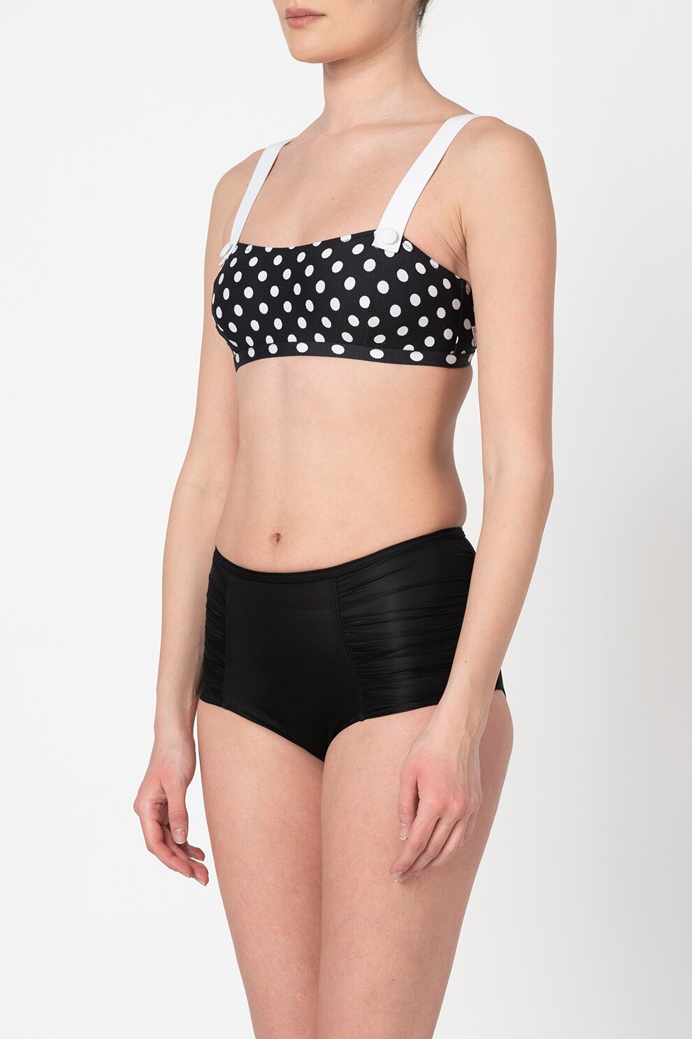 Guess, Sutien bandeau de baie cu aspect striat, Negru/Alb