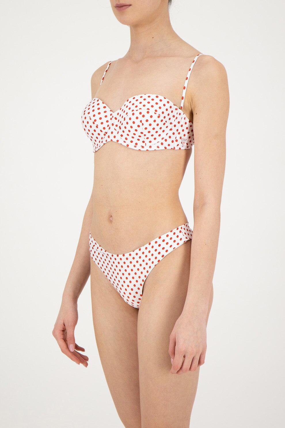 Guess, Sutien de baie balconette cu model in dungi, Alb/Rosu