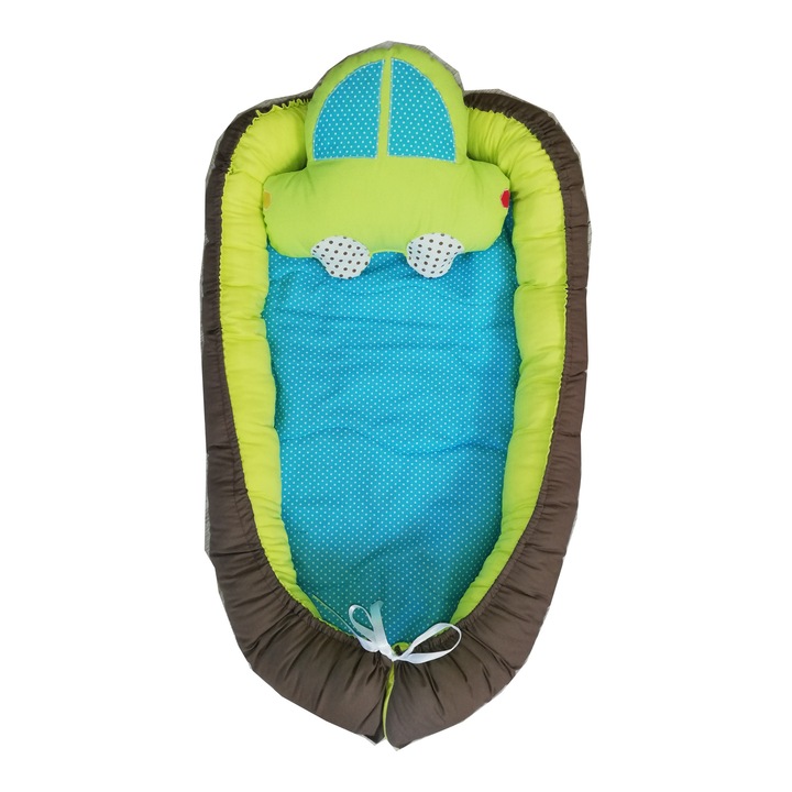 Set Baby Nest 2in1 cu doua fete, salteluta detasabila si pernuta masinuta, Model turcoaz, verde, maro, 3 piese