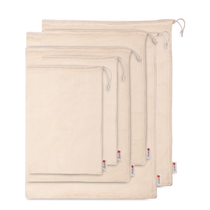 Set 6 saculeti reutilizabili bumbac, Textilia, impletit, diferite dimensiuni