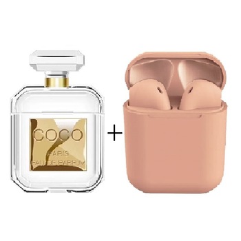 Set format din casti wireless prin bluetooth, peach si husa de protectie tip sticluta de parfum Coco cu lantisor Set format din casti wireless prin bluetooth, peach si husa de protectie tip sticluta de parfum Coco cu lantisor