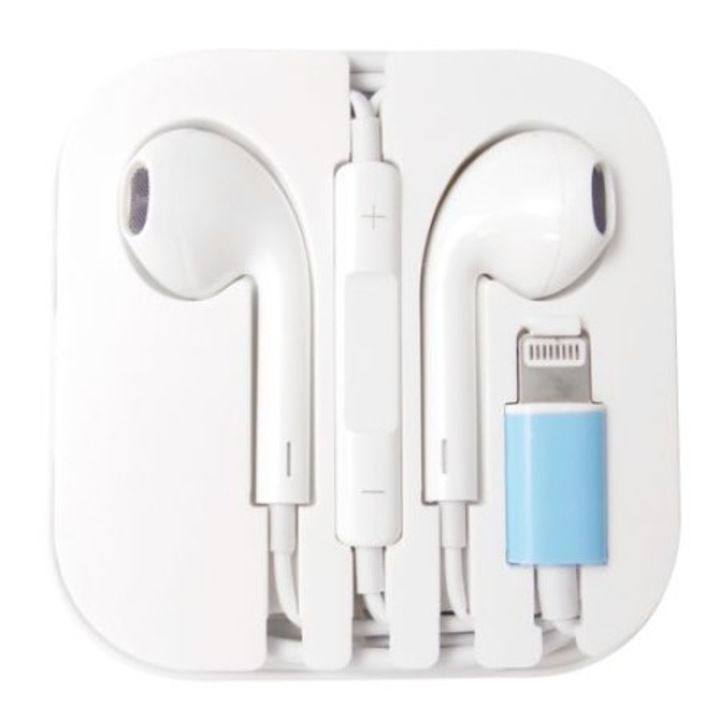 Casti stereo cu fir si microfon conector Lightning alb pentru Apple iPhone 7, 7 Plus, 8, 8 Plus, X