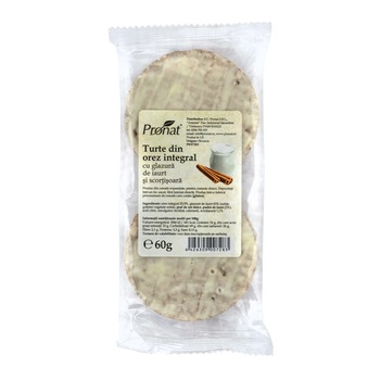 Turte din orez integral cu glazura de iaurt si scortisoara, 60 g Turte din orez integral cu glazura de iaurt si scortisoara, 60 g