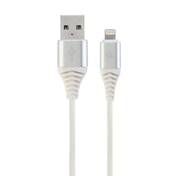 Cablu de date si incarcare Premium bumbac impletit 8-pin , Gembird, 2 m, alb/argintiu  Cablu de date si incarcare Premium bumbac impletit 8-pin , Gembird, 2 m, alb/argintiu