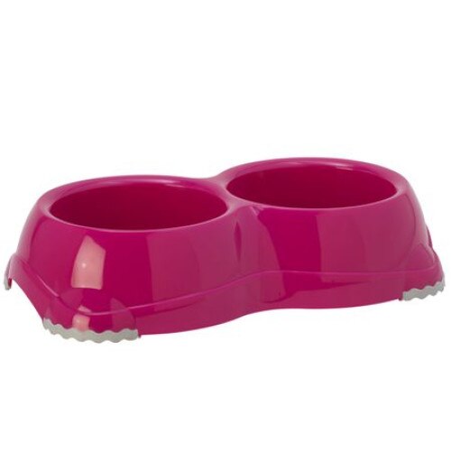 Castron antiderapant Smarty Bowls dublu, 2x330 ml, Roz trandafiriu