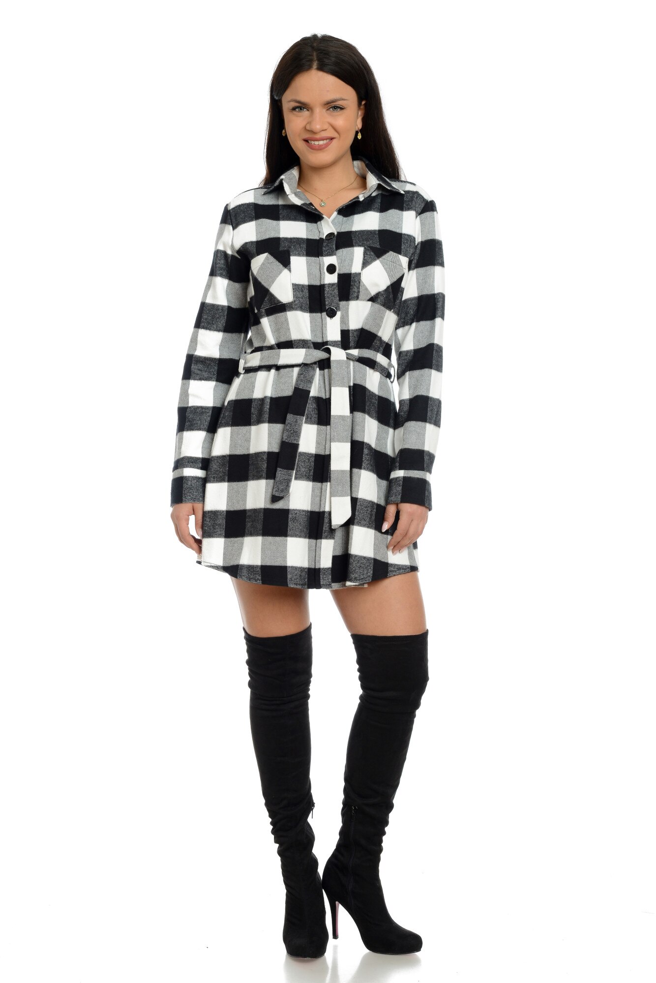 Camasa lunga in carouri, Dress To Impress, Alb/Negru