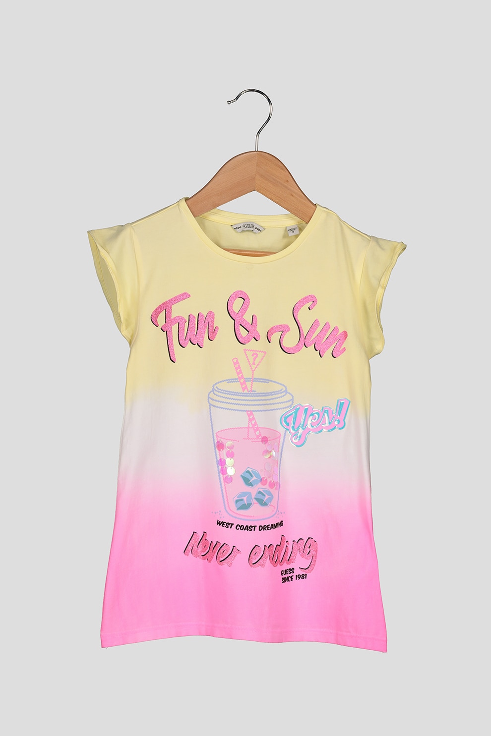GUESS JEANS, Tricou cu imprimeu grafic, Roz aprins/galben/alb, 130-134 CM