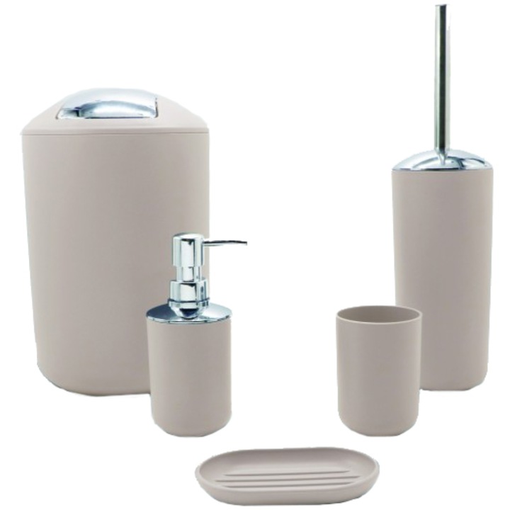 Set accesorii pentru baie 8328, cos de gunoi, dozator sapun lichid, savoniera, pahar, perie toaleta, Bej