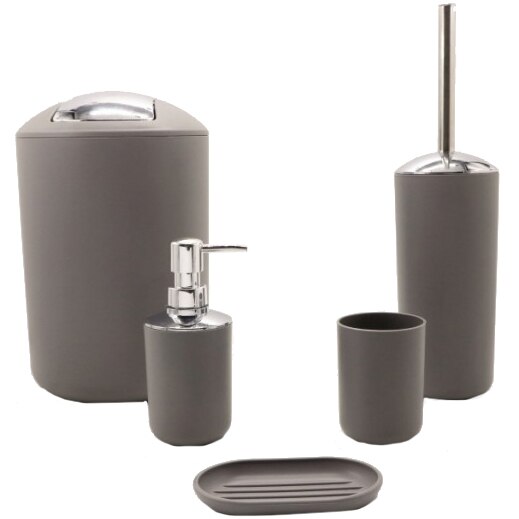 Set accesorii pentru baie Inter Ceramic 8328, cos de gunoi, dozator sapun lichid, savoniera, pahar, perie toaleta, Gri