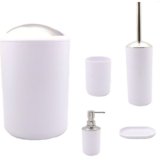 Set accesorii pentru baie Inter Ceramic 8328, cos de gunoi, dozator sapun lichid, savoniera, pahar, perie toaleta, Alb